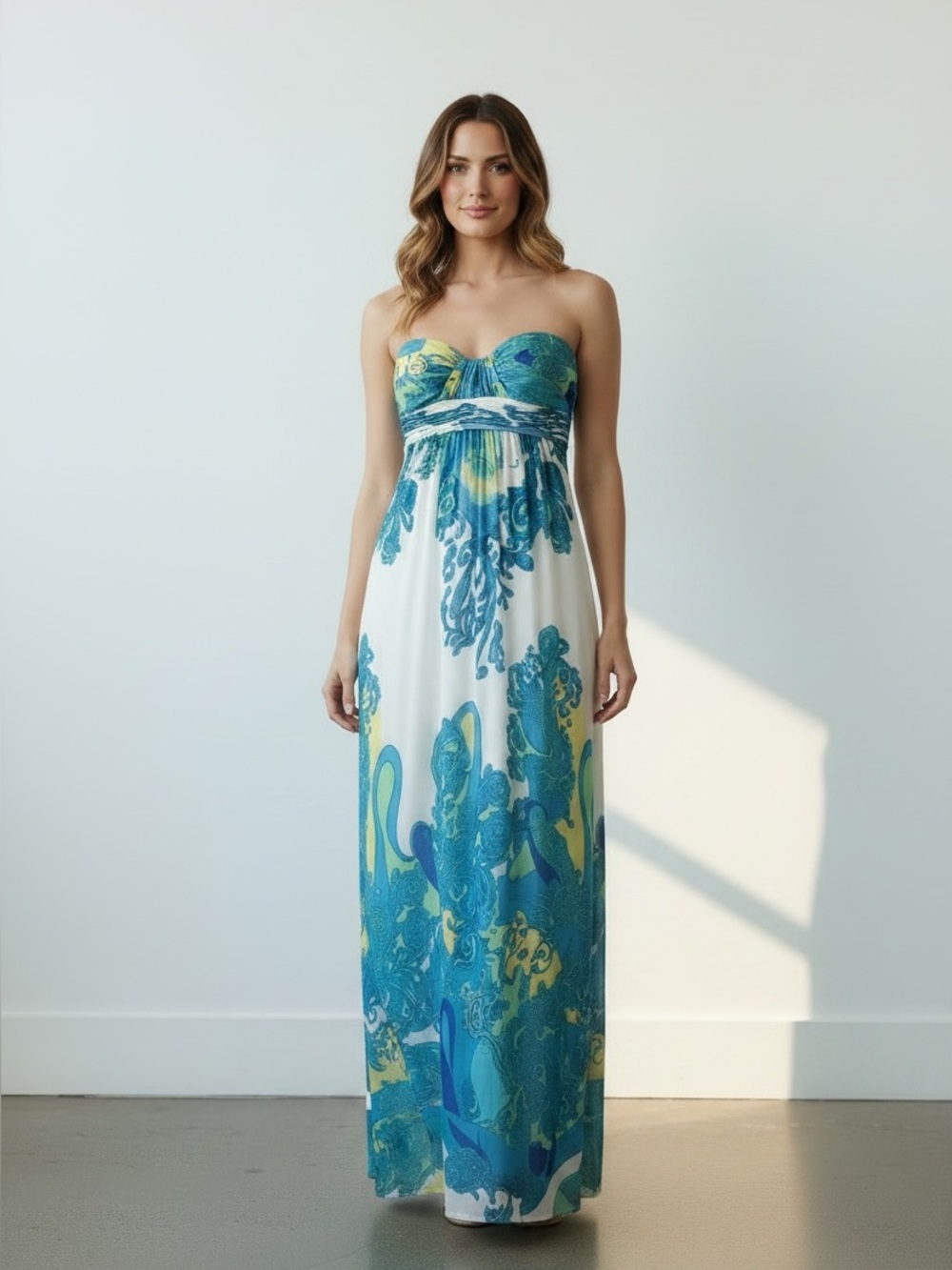 Romantic Aidan Mattox Blue White Silk Blend Chiffon Strapless Maxi Dress 12